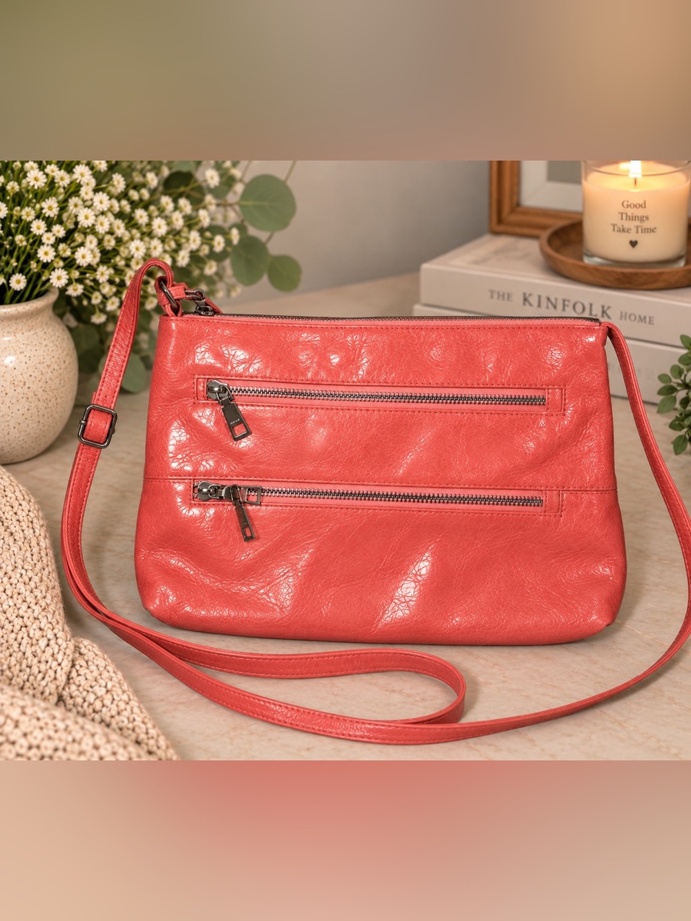 HOBO The Original Coral Leather Crossbody Bag Double Zip Pockets